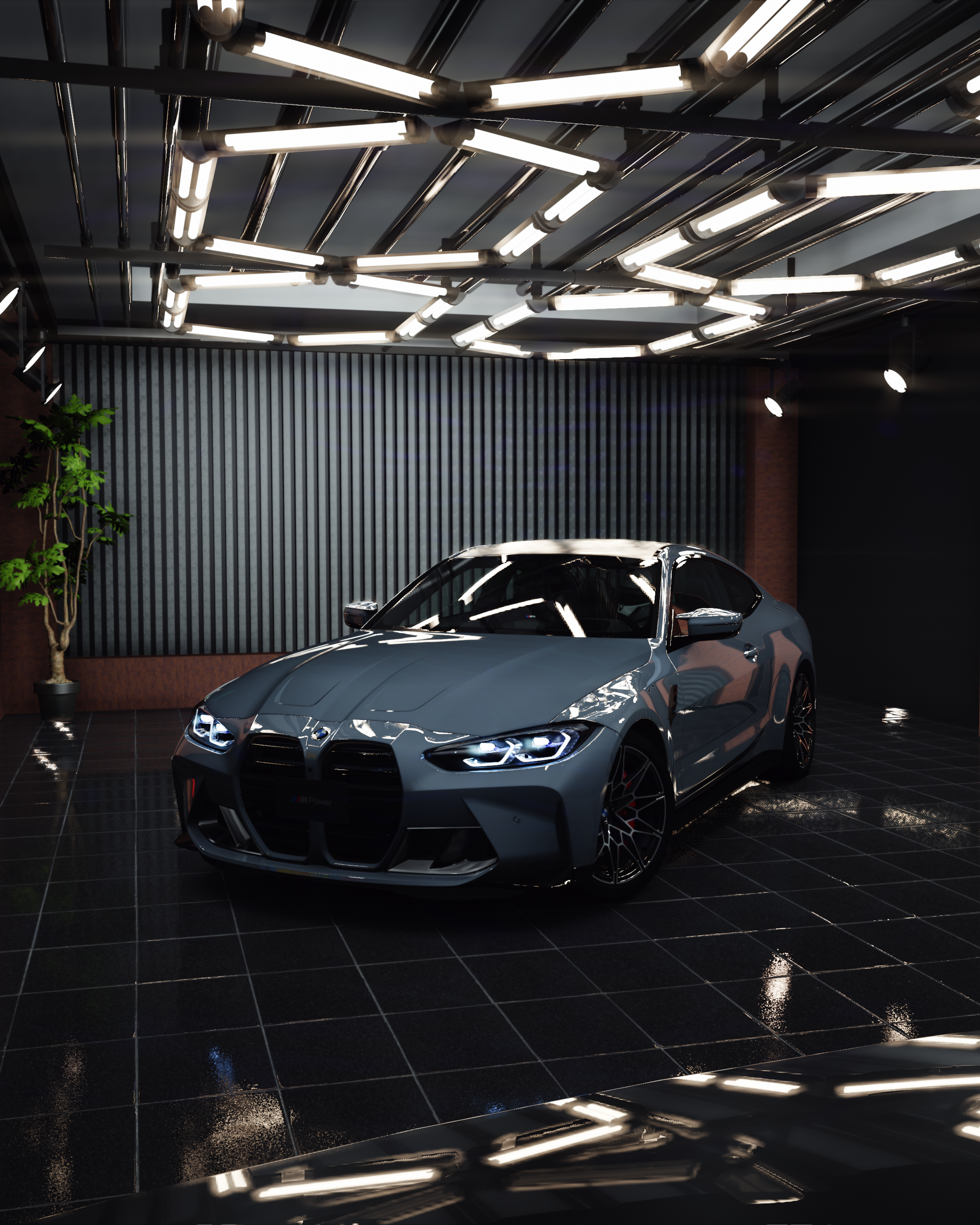 Carro esportivo em pista noturna com luz verde neon