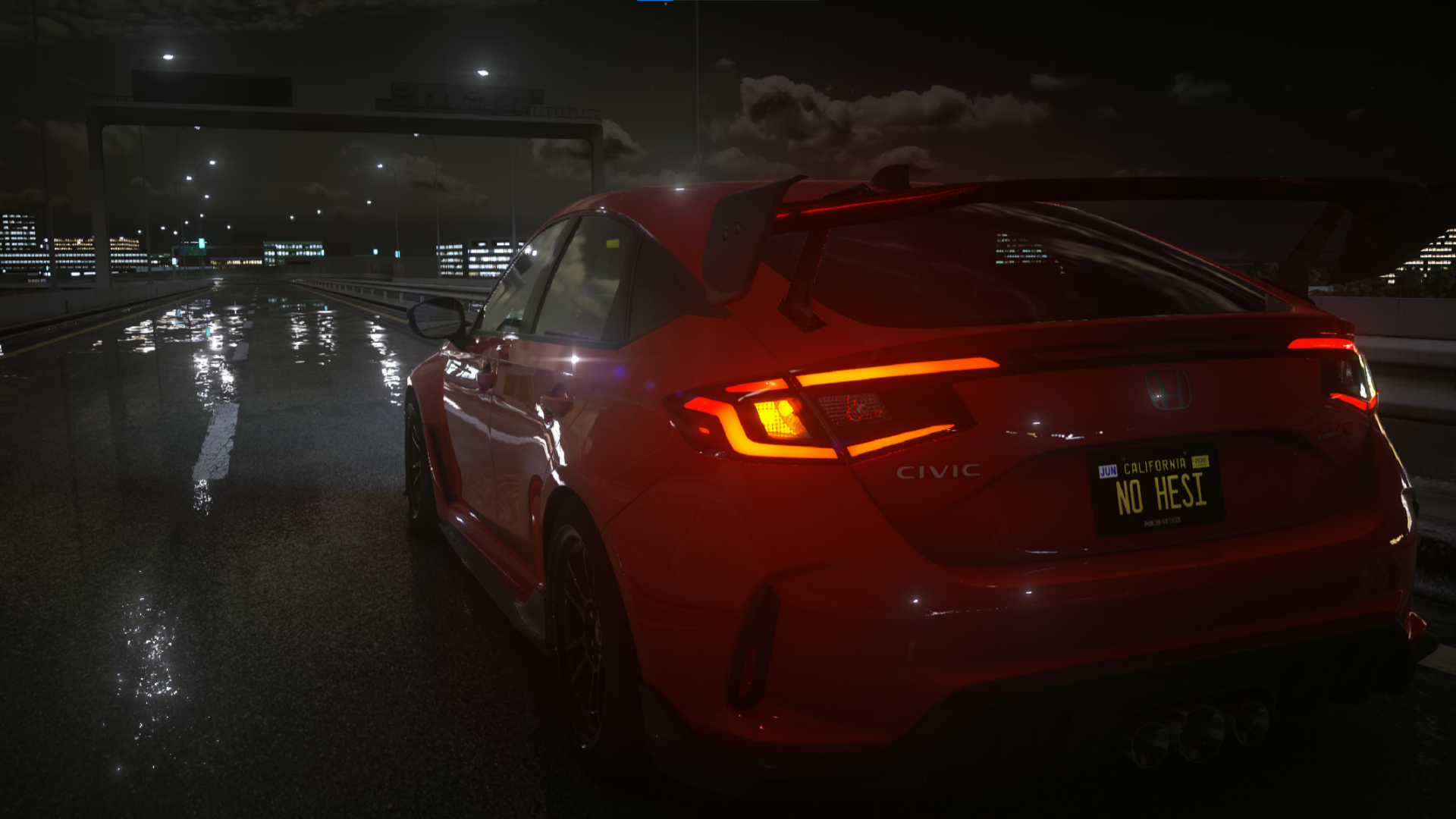 Prévia de Assetto Corsa com pista molhada e reflexos de chuva